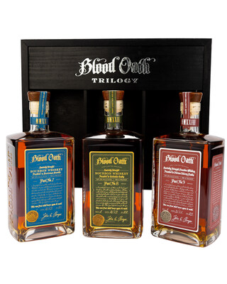 Lux Row Distillers announced the release of Blood Oath Trilogy – Third Edition, the latest collection of limited-release bourbons, or “Pacts,” created by Lux Row Master Distiller John Rempe. Featuring 750mL bottles of Pacts 7, 8 and 9, this latest Trilogy has a limited supply of 1,400 sets and is available at a minimum suggested retail price <money>$799.99</money>, which reflects the quality and scarcity of these bourbons. Shipments of the latest Blood Oath Trilogy will begin in September. (PRNewsfoto/Lux Row Distillers)