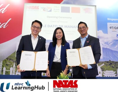 From left to right: (1) Mr Jeremy Ong, Chief Executive Officer, NTUC LearningHub, (2) Ms Ong Huey Hong, Assistant Chief Executive (Policy and Planning) and Chief Sustainability Officer, Singapore Tourism Board and (3) Mr Steven Ler, President, NATAS.