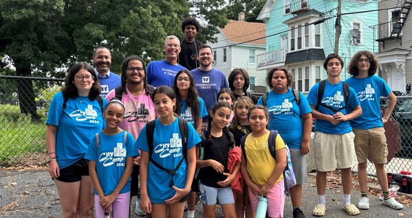 Washington Trust recently partnered with the Episcopal Conference Center of RI to support their City Camp program, which provides free week-long summer camp programs for 150 youth, aged 6-12, from Olneyville. Pictured are City Camp staff and participants joined by Washington Trust's Rolando Lora, Executive Vice President of Retail Lending and Community Lending Officer, Edward O. "Ned" Handy III, Chairman & CEO, and Steven Borowick, Vice President, Appraisal Review & Environmental Risk Manager.