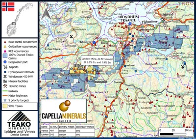 Figure 1. Combined Løkken (Capella) and Lomunda and Venna (Teako) concessions, Trøndelag (CNW Group/Capella Minerals Limited)