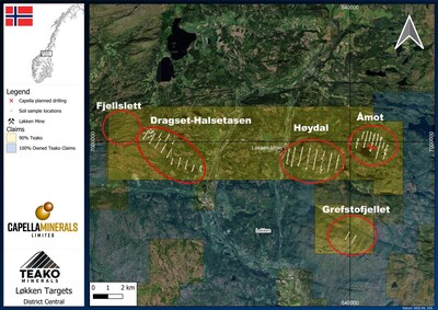 Figure 2. Key targets at the Løkken Cu-Co-Zn project. Areas of completed ground magnetic surveys and soil grids are also indicated (CNW Group/Capella Minerals Limited)