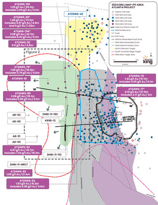 Figure 3. Plan view map of the WWZ, WAGZ, and NET. Holes that did not go deep enough to define mineralization are taken off plot for clarity, as are the dump holes. Vector arrows denote directions in which the WWZ remains open. (CNW Group/Nevada King Gold Corp.)