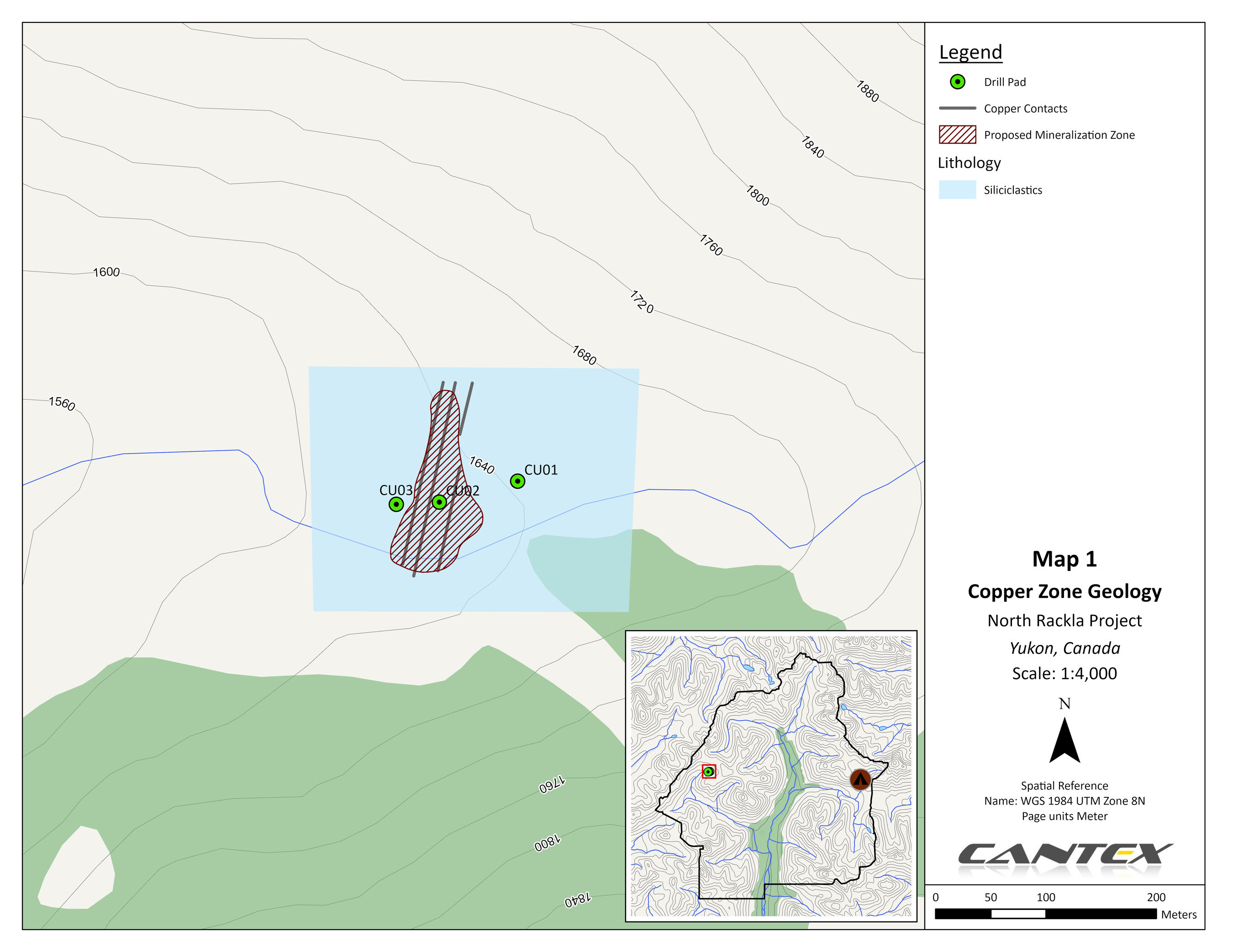 Map 1: Copper Zone Geology – North Rackla Project (CNW Group/Cantex Mine Development Corp.) Map 1: Copper Zone Geology – North Rackla Project (CNW Group/Cantex Mine Development Corp.)