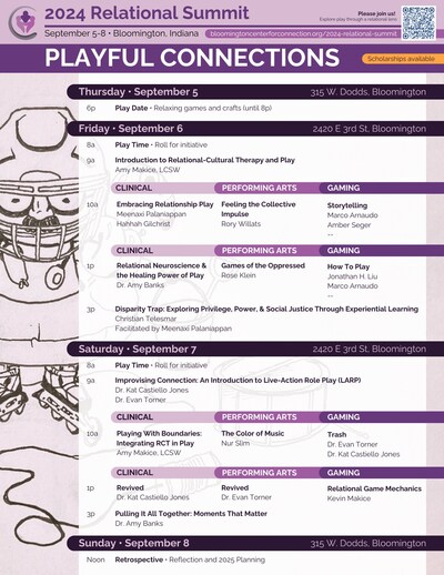 The four-day schedule for the 2024 Relational Summit concentrates on the Friday and Saturday of the weekend event, with three tracks of session content for clinicians, performers and gamers. Psychiatrist and author Dr. Amy Banks and game designer Christian Telesmar are keynote speakers for the summit.