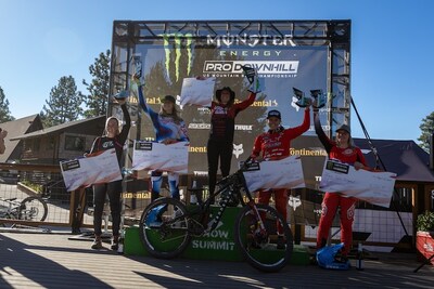 Monster Army Rider Erice van Leuven from New Zealand Takes First Place in the Pro Women Division at the Monster Energy Pro Downhill Competition at Snow Summit in Big Bear Lake.