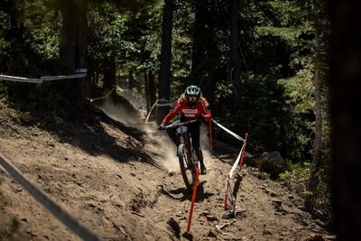 Monster Army Rider Erice van Leuven from New Zealand Takes First Place in the Pro Women Division at the Monster Energy Pro Downhill Competition at Snow Summit in Big Bear Lake.