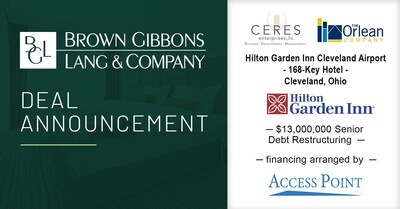 Brown Gibbons Lang & Company (BGL) is pleased to announce the closing of bridge financing with Access Point Financial, LLC (APF) for the 168-key Hilton Garden Inn at Cleveland Hopkins International Airport, on behalf of the hotel’s owners, Ceres Enterprises and The Orlean Company.