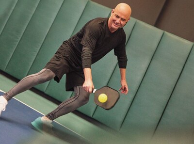 Andre Agassi plays pickleball at Life Time PENN 1 in New York City.