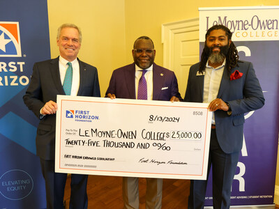 Bryan Jordan (Chairman, President and CEO, First Horizon), and Dr. Anthony C. Hood (Chief Diversity, Equity and Inclusion Officer, First Horizon), present the endowed scholarship check to Dr. Christopher B. Davis (President, LeMoyne-Owen College)