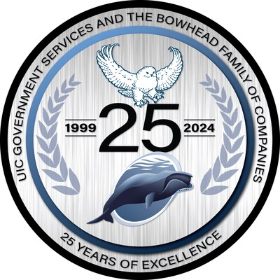 UIC Government Services and its Bowhead Family of Companies celebrate 25 years of excellence in August 2024. Known simply as Bowhead, the company is a top Alaska Native Company providing premier services and support to defense and civilian government agencies across the United States, and the world. Logo design by Robert (Perry) Broxson/Bowhead.