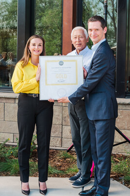 Kampgrounds of America, Inc. President and CEO Toby O'Rourke, Owner of KOA and Chairman of KOA Holdings, Oscar Tang, and USGBC President and CEO Peter Templeton proudly display the Gold LEED Certificate at the dedication of KOA's new headquarters in Billings, Montana.