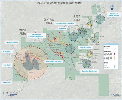 Figure 1: Plan map of the Panuco property highlighting proximal exploration targets in the west (orange circle) and high priority district-wide targets in the central-northeast areas (blue circles). (CNW Group/Vizsla Silver Corp.)