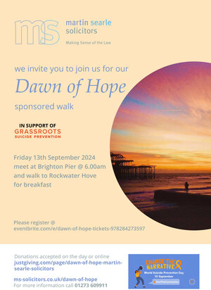 Martin Searle Solicitors are organising a sponsored walk in aid of Grassroots Suicide Prevention on 13 September 2024