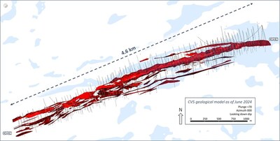 Figure 18: Inclined View of CV5 Spodumene Pegmatite Geological Model Looking Down  Dip (70°) – All Lenses (not to scale) (CNW Group/Patriot Battery Metals Inc.)