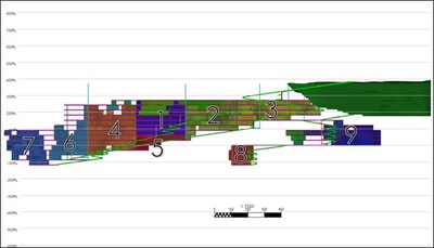 Figure 26: Underground ''Pyramids' - Looking South (CNW Group/Patriot Battery Metals Inc.)