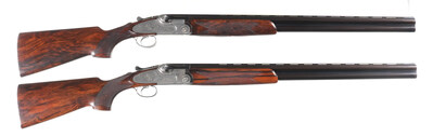 Pair of Beretta Model SO-2 12-bore sidelock over/under sporting shotguns with 28in barrels. Hand-built in 1987, hand-engraved with rose & scroll and silver-inlaid pigeon on top lever. Bright bores. Highly-figured, finest-quality walnut stocks. Double-bite Boss-pattern action built for strength and durability. Shotguns of this type represent some of the finest guns ever produced by Beretta. Estimate: $10,000-$20,000 Pair of Beretta Model SO-2 12-bore sidelock over/under sporting shotguns with 28in barrels. Hand-built in 1987, hand-engraved with rose & scroll and silver-inlaid pigeon on top lever. Bright bores. Highly-figured, finest-quality walnut stocks. Double-bite Boss-pattern action built for strength and durability. Shotguns of this type represent some of the finest guns ever produced by Beretta. Estimate: $10,000-$20,000