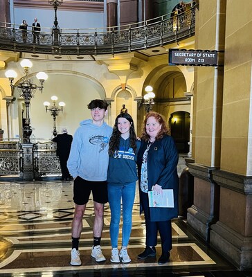 Distress Bandanna Teen Driver Safety Ambassadors, Mason Kooi and Kaylynn Kooi, met with Senator Laura Murphy and other lawmakers at the State Capitol. (Trent Nelson)