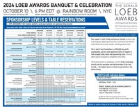 Download the sponsorship, ticket, table and tribute journal ad information sheet for the 2024 Loeb Awards banquet & celebration at the Rainbow Room in New York City on Thursday, October 10, 2024. Available Discounts: 20% Off Tickets, Groups & Tables - all media outlets and journalists. 25% Off Individual Ticket - all 2024 finalists and judges.