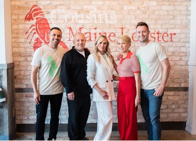 Cousins Maine Lobster Franchisees Savas and Victoria Alkoc celebrate their Asbury Park brick-and-mortar grand opening with CML Co-Founders Jim Tselikis, Sabin Lomac, and Cousins Maine Lobster Shark Tank Investor Barbara Corcoran.