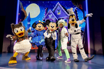 Available for the first time as a daily offering during the 2024 Halloween season at the Disney Theater in Disney California Adventure Park in Anaheim, Calif., the interactive “Mickey’s Trick and Treat” show will encourage younger guests to join in a not-so-scary sing and dance-along with Mickey Mouse and Minnie Mouse. Opening Aug. 23, 2024, the offering will include colorful projections and a lively host dressed as a mad scientist. (Christian Thompson/Disneyland Resort)