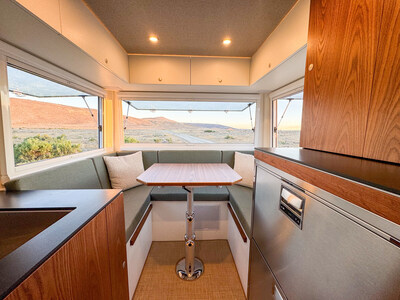 The carbon TruckHouse BCR's rear U-shaped dinette with 270 degree panoramic windows.