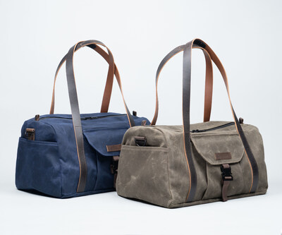 Available in blue or brown waxed canvas