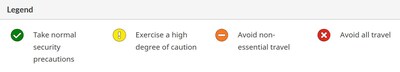 The legend shows the four risk levels used by Global Affairs Canada for its destination-specific travel advice and advisories. (CNW Group/Global Affairs Canada)