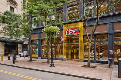 Raising Cane's celebrates 28 years for its "Golden Birthday" with golden 828th restaurant in downtown Boston