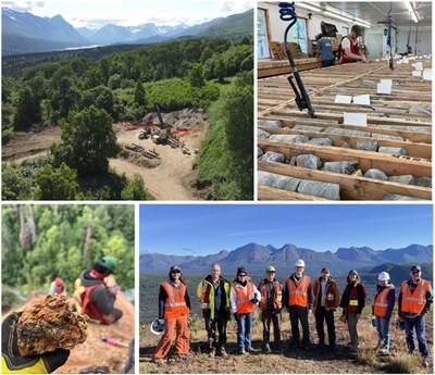 Figure 1 Clockwise from top left:  Drill rig at Raintree West Deposit, July 2024; Processing of core in the Whistler Core Shack, July 2024; Whistler site management and Board Sustainability Committee, August 2024; Exploration geologists at the Whistler Orbit, mapping and sampling prospective porphyry alteration in outcrop, August 2024. (CNW Group/U.S. GoldMining Inc.)