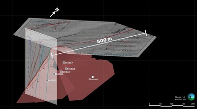 Figure 3. The isometric view of the longitudinal section of the main Aguilar vein with pierce points and the interpreted cross-section (Figure 2) shows the entire vein system. (CNW Group/Outcrop Silver & Gold Corporation)