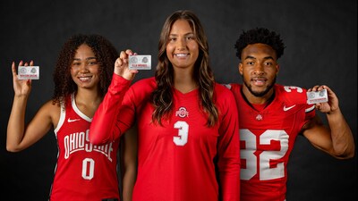 Madison Greene of Ohio State Women's Basketball, Ella Wrobel of Ohio State Women's Volleyball, and TreVeyon Henderson of Ohio State Football pose with their customized Chipotle cards. The cards grant OSU athletes free Chipotle throughout their respective athletic seasons.