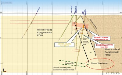 Figure 2 E-W Cross Section (8074820N) of Amphitheatre illustrating shallow location of mineralised intercepts. (NB * references historical drilling not validated) (CNW Group/Laramide Resources Ltd.)