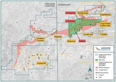 Figure 4: Overview Map of Westmoreland and Murphy Project. The Mineral Resource Estimates for Junnagunna, Huarabagoo and Redtree, which are wholly owned by Laramide, are restated in the independent JORC/NI 43-101 Scoping Study on Laramide Resources Ltd.'s Westmoreland Uranium Project completed by Lycopodium Minerals Pty Ltd for issue on April 20, 2016. (CNW Group/Laramide Resources Ltd.)