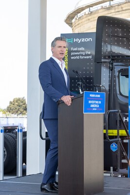 Standing in front of Hyzon’s Class 8 Fuel Cell Electric Truck is California Gov. Gavin Newsom at an Alliance for Renewable Clean Hydrogen Energy Systems (ARCHES) celebration event on Friday, August 30, 2024.