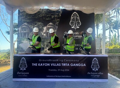 The Kayon Villas Tirta Gangga Groundbreaking Ceremony on Thursday, August 29, 2024 with Putu Suryawan, Farah Palupi and Riyan Nathan as the owners of The Kayon Hotels and Resorts alongside I Wayan Sucitra, CEO of The Kayon Hotels and Resorts. (PRNewsfoto/The Kayon Hotels & Resorts)