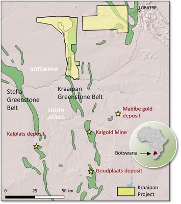 Kraaipan Gold Project location map.  The project is comprised of 1,400km2 of mineral concessions covering the full 60-kilometre strike extent of the Kraaipan Greenstone Belt (“KGB”) in Botswana. The KGB is a highly prospective Archean greenstone belt that straddles the Botswana - South Africa border (CNW Group/North Arrow Minerals Inc.)