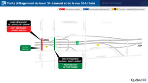 Réfection majeure des tunnels Ville-Marie et Viger - Réouverture du pont d'étagement du boulevard Saint-Laurent et fermeture de celui de la rue Saint-Urbain à partir de la fin de semaine du 6 septembre 2024