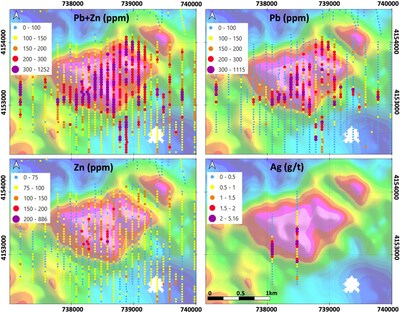 Figure 2 – Bravo target soil sample geochemistry results superimposed on the new gravity anomaly map, indicating the highest Pb, Zn and Ag coincides with the peak of the gravity anomaly (CNW Group/Pan Global Resources Inc.)