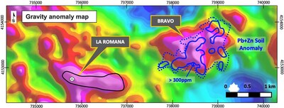 Figure 1 – Enhanced Bravo gravity target and new Pb+Zn soil anomaly, showing proximity to the La Romana gravity anomaly