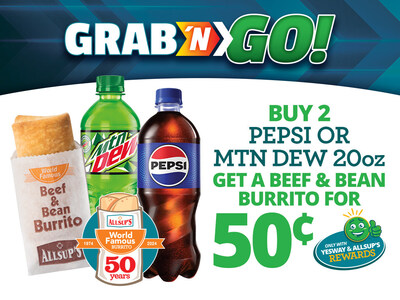 Throughout September and October 2024, Yesway and Allsup’s Rewards members who buy two (2) Pepsi or Mountain Dew 20-ounce bottled beverages can purchase an Allsup’s Burrito for just 50¢. Throughout September and October 2024, Yesway and Allsup’s Rewards members who buy two (2) Pepsi or Mountain Dew 20-ounce bottled beverages can purchase an Allsup’s Burrito for just 50¢.
