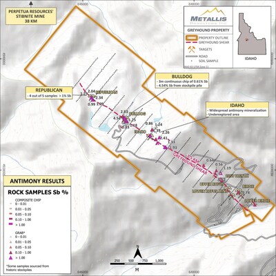 Map of antimony results in rock samples from Metallis' Greyhound property (CNW Group/Metallis Resources Inc.)