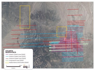 Figure 1. Map showing location of CSAMT Phase I (purple lines), CSAMT Phase II (blue lines), CSAMT Phase III (red lines), drone radiometrics grid (yellow polygons), and IP (green lines) (CNW Group/Nevada King Gold Corp.)