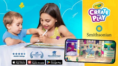 Two kids playing Crayola Create and Play app, showcasing new Smithsonian content.