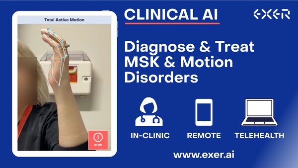 Exer AI for hand and wrist disorders, a collaboration with Mayo Clinic. Exer is a clinical AI company that helps healthcare teams drive clinical efficiency, improve accuracy, and achieve higher patient volumes for MSK and motion disorders. The proprietary AI and computer vision platform performs accurate, validated motion diagnostics and assessments across in-clinic and remote sessions.