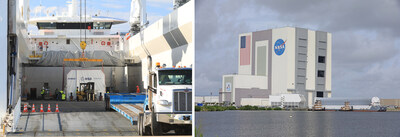 On the left, the Canopee transport carrier containing the European Service Module for NASA’s Artemis III mission arrives at Port Canaveral in Florida, on Tuesday, Sept. 3, 2024, before completing the last leg of its journey to the agency’s Kennedy Space Center’s Neil A. Armstrong Operations and Checkout via truck. On the right, NASA’s Pegasus barge, carrying several pieces of hardware for Artemis II, III, and IV arrives at NASA Kennedy’s Launch Complex 39 turn basin wharf on Thursday, Sept. 5, 2024. Credit: NASA.