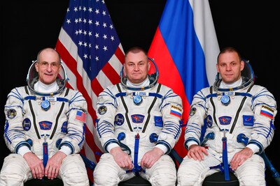 The Roscosmos Soyuz MS-26 spacecraft will launch from the Baikonur Cosmodrome in Kazakhstan to the International Space Station with (pictured left to right) NASA astronaut Don Pettit and Roscosmos cosmonauts Alexey Ovchinin and Ivan Vagner. Credit: Gagarin Cosmonaut Training Center