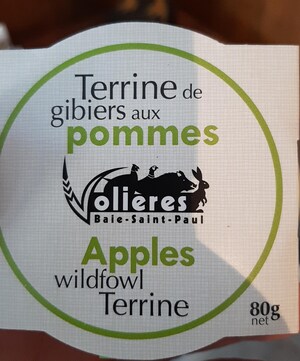 Présence non déclarée de sulfites dans de la terrine de gibiers aux pommes préparée et vendue par l'entreprise Volières Baie-Saint-Paul