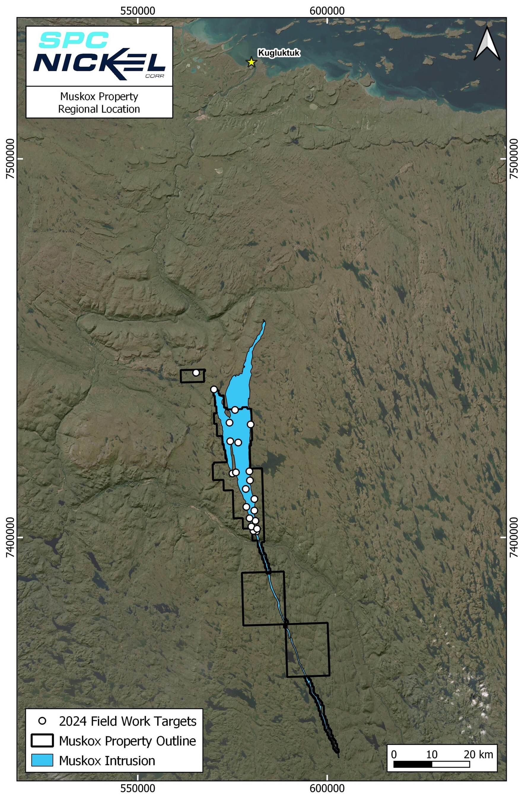 Figure 1: Regional satellite view of the Muskox Project area showing the location of Kugluktuk as well as the 2024 field work targets. (CNW Group/SPC Nickel Corp.) Figure 1: Regional satellite view of the Muskox Project area showing the location of Kugluktuk as well as the 2024 field work targets. (CNW Group/SPC Nickel Corp.)