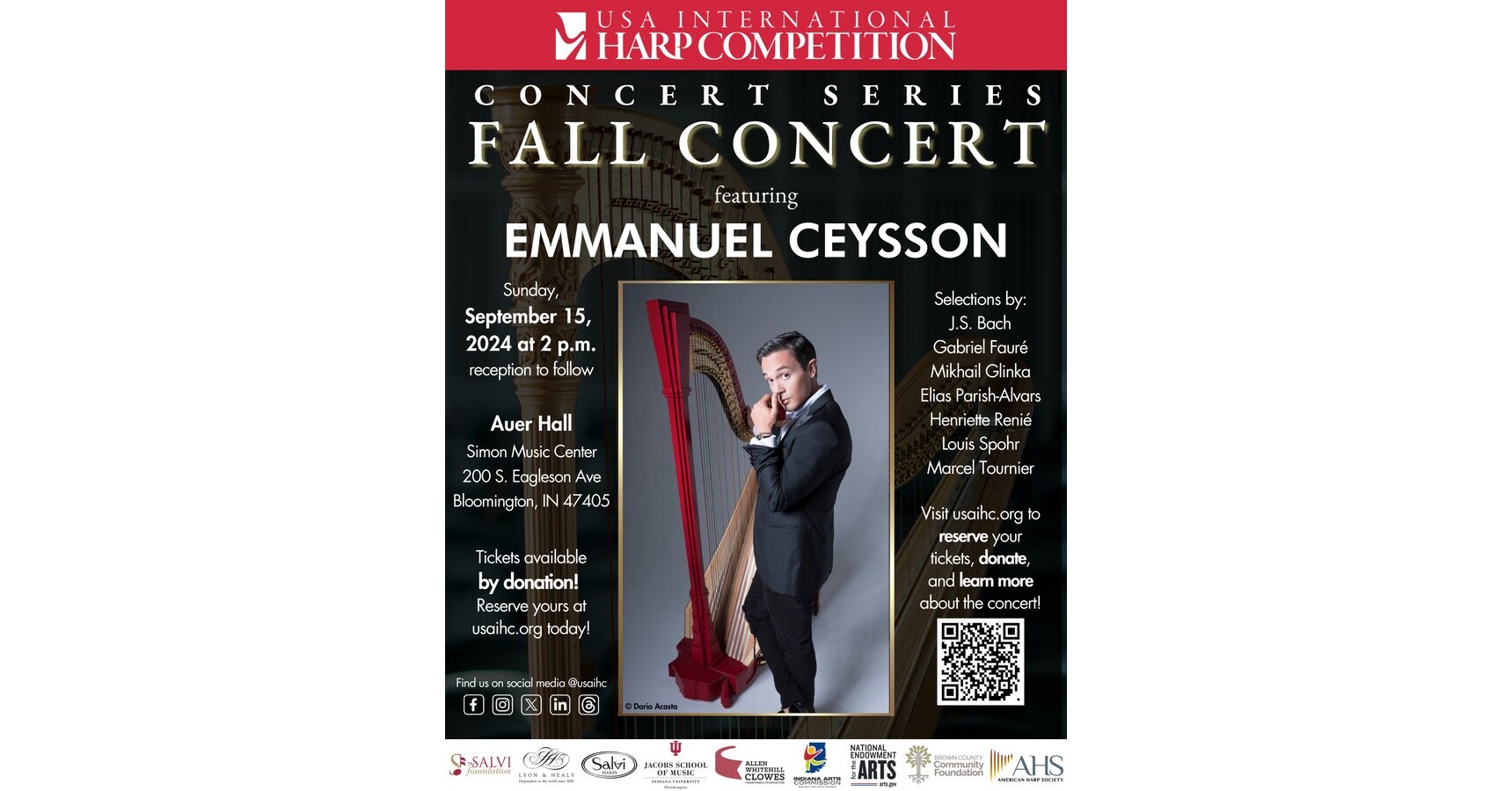 Emmanuel Ceysson, Principal Harpist at the Los Angeles Philharmonic, to Perform at the USA International Harp Competition, Fall Concert Series