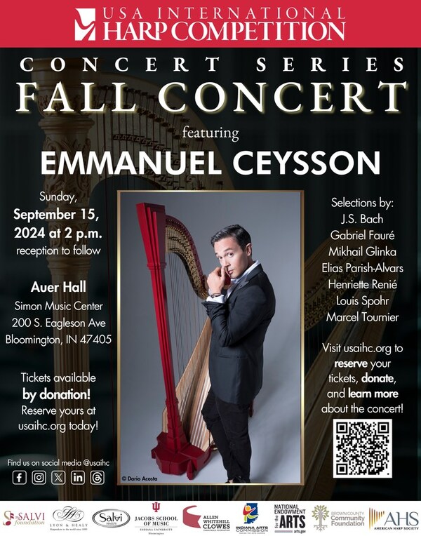 Emmanuel Ceysson, Principal Harpist at the Los Angeles Philharmonic, to Perform at the USA International Harp Competition, Fall Concert Series